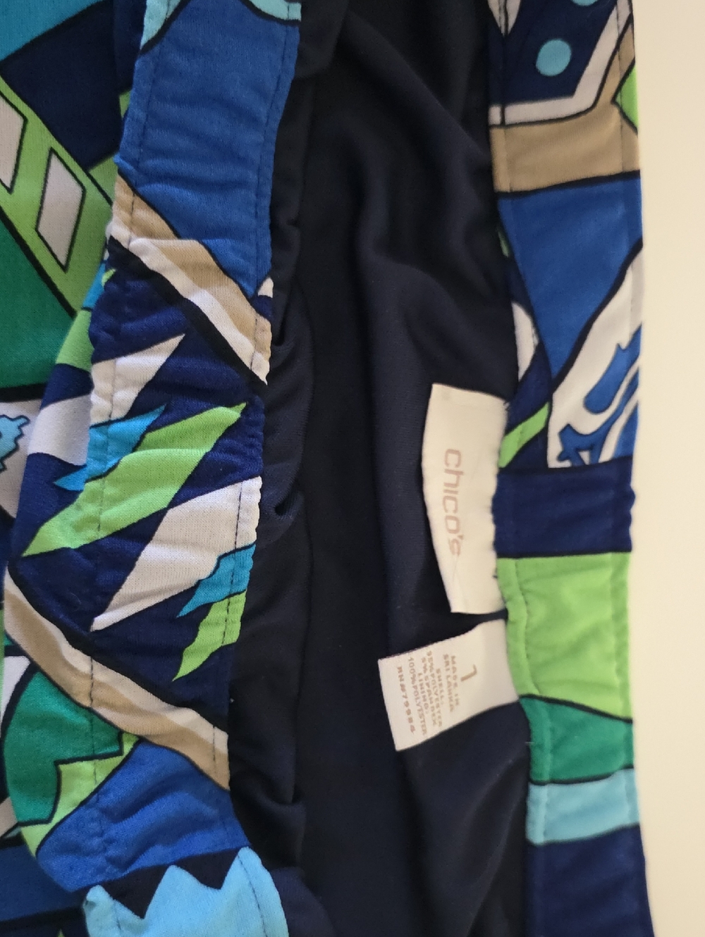 Chico's Blue, Navy & Lime Green Geometric Print Tlskirt
